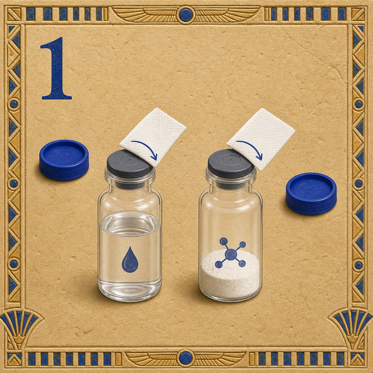 Two uncapped vials with an alcohol prep pad swabbing each exposed rubber stopper