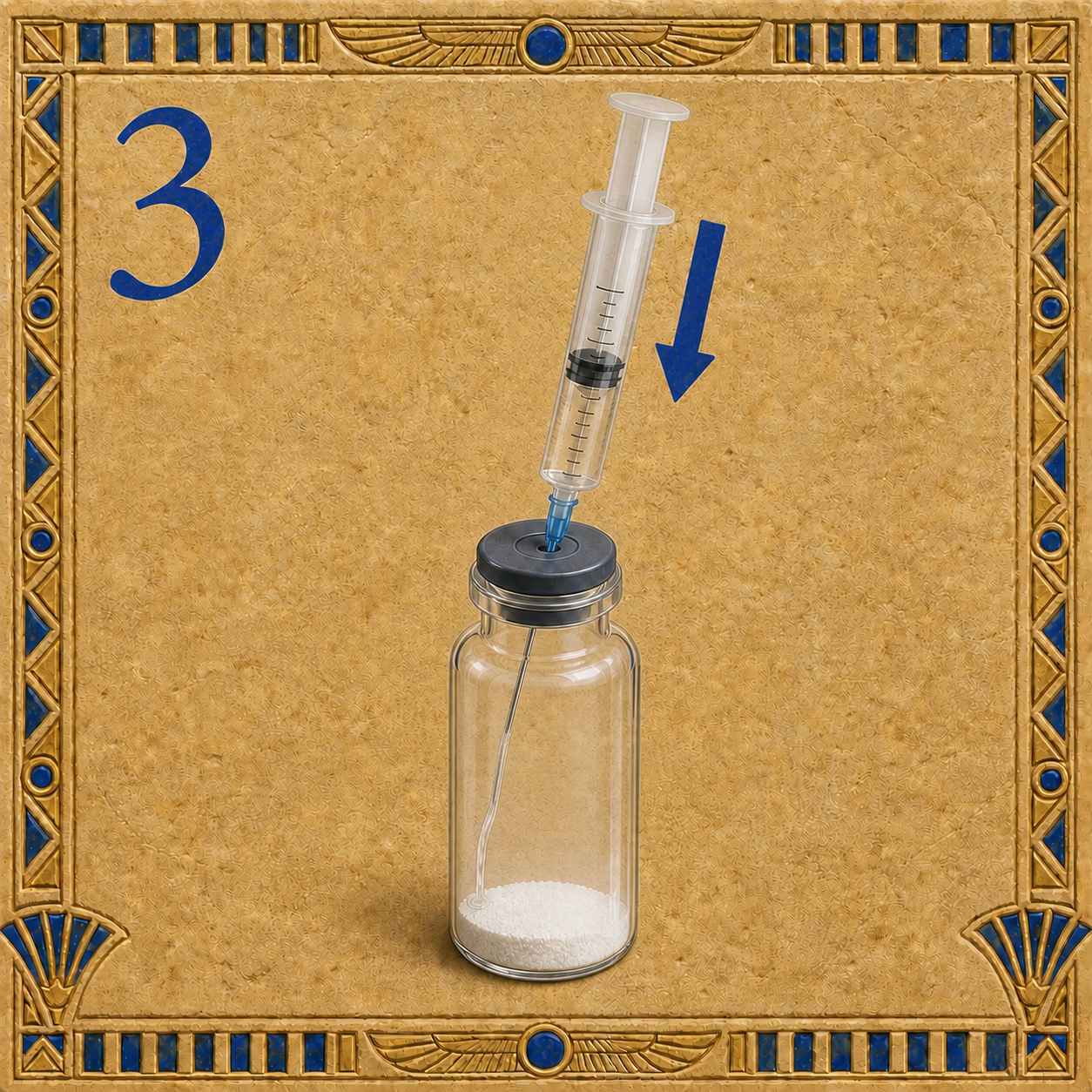 A straight syringe and needle adding water slowly down the inside wall of a peptide vial