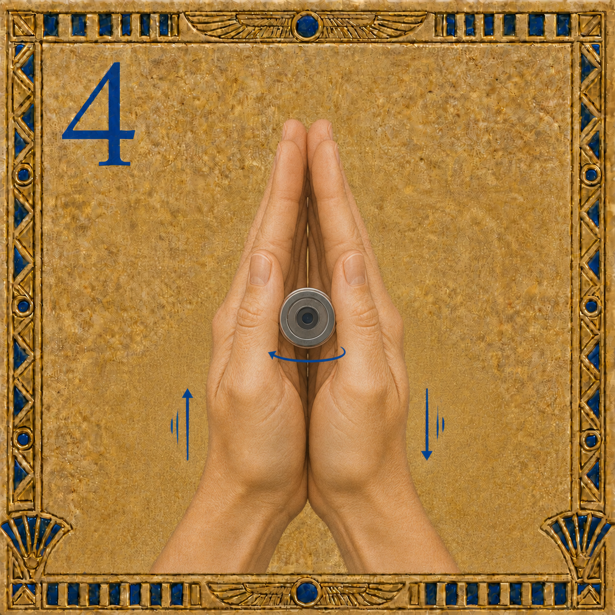 Hands pressed together in a prayer position, with the peptide vial turned toward the viewer and gently rolled between the palms